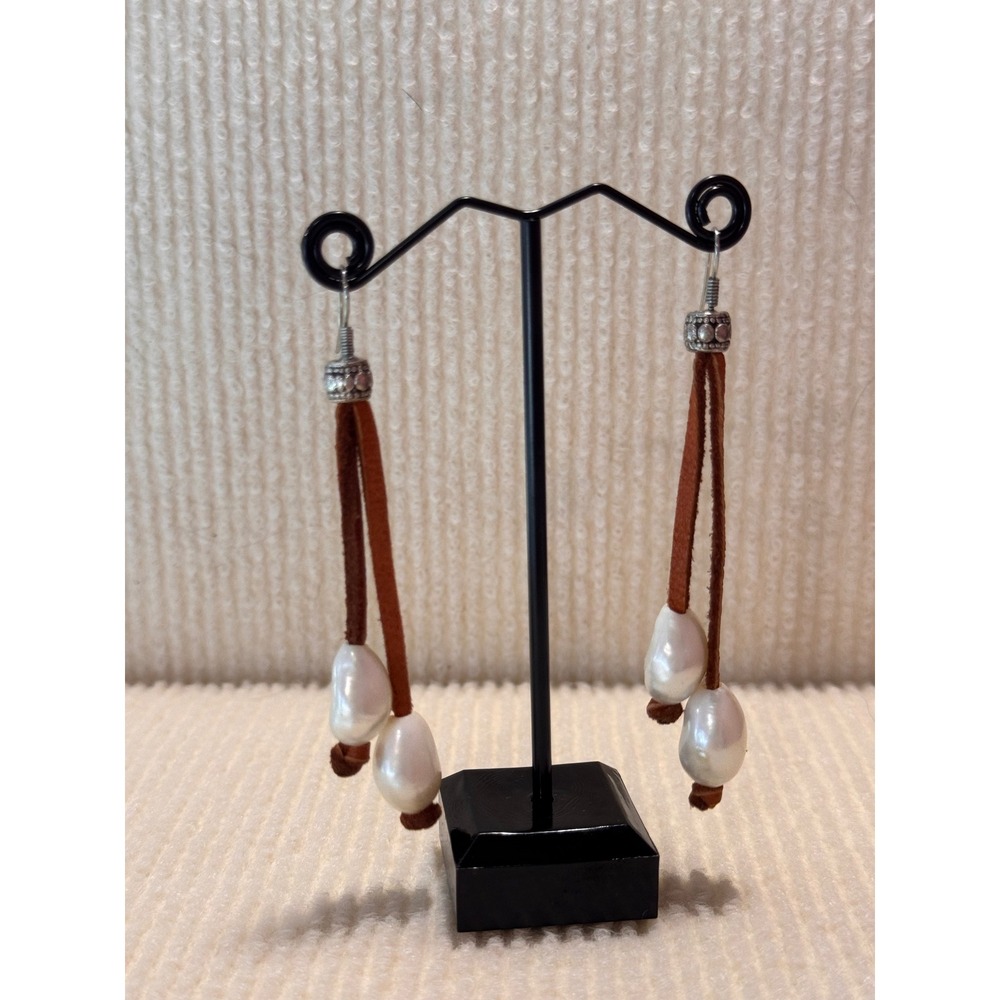 Boho Leather and Freshwater Pearl Drop Earrings Brown Suede Silver Tone Western